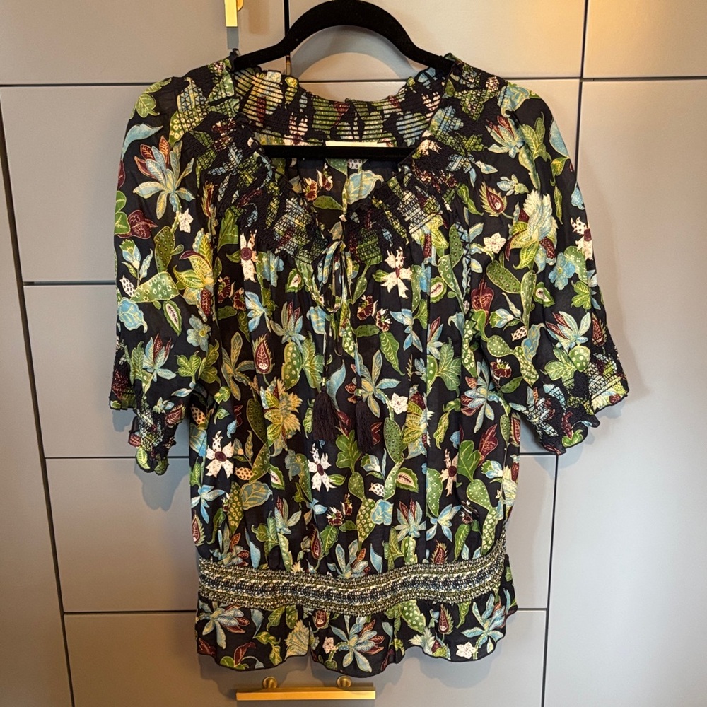 Tory Burch Black Floral Smocked Peasant Blouse